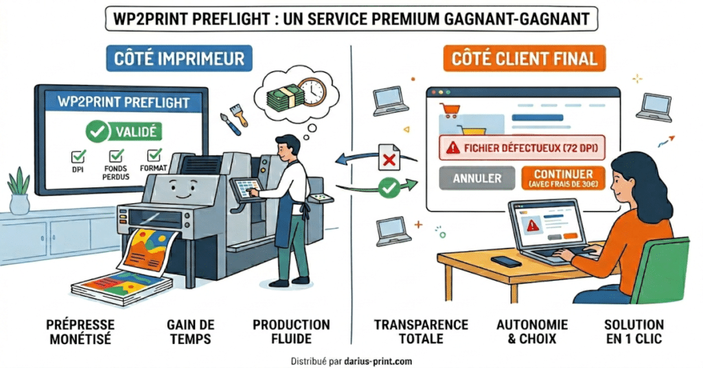 Infographie en aplat de couleur présentant le fonctionnement de WP2Print Preflight, un service premium gagnant-gagnant. À gauche, le côté imprimeur montre un prépresse monétisé, un gain de temps et une production fluide. À droite, le côté client final illustre la transparence totale, l'autonomie et le choix face à un fichier défectueux, et la solution en un clic. Distribué par darius-print.com